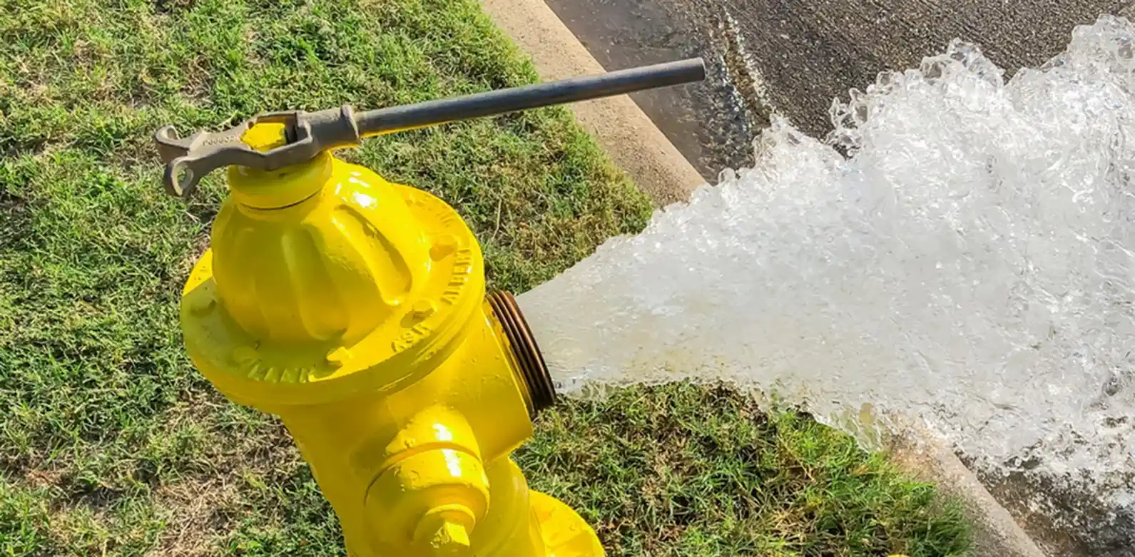 A yellow flowing fire hydrant